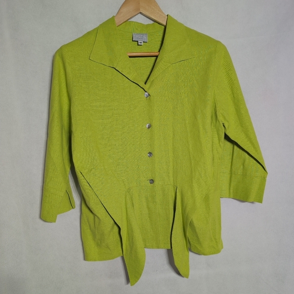 Niche Nilgun Derman Sz M Green Linen Blend Tie Front Shirt - Picture 2 of 7